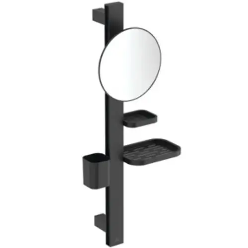Schwarze Wandkombination von Ideal Standard mit Spiegel und Ablageflächen für Kosmetik- und Pflegeprodukte. Eingerichtet zur Nutzung im Badezimmer.